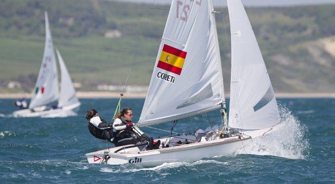 Angela Pumariega and Patricia Cantero Reina, ESP, Women's Two Person Dinghy (470) at day one - 2015 ISAF Sailing WC Weymouth and Portland © onEdition http://www.onEdition.com